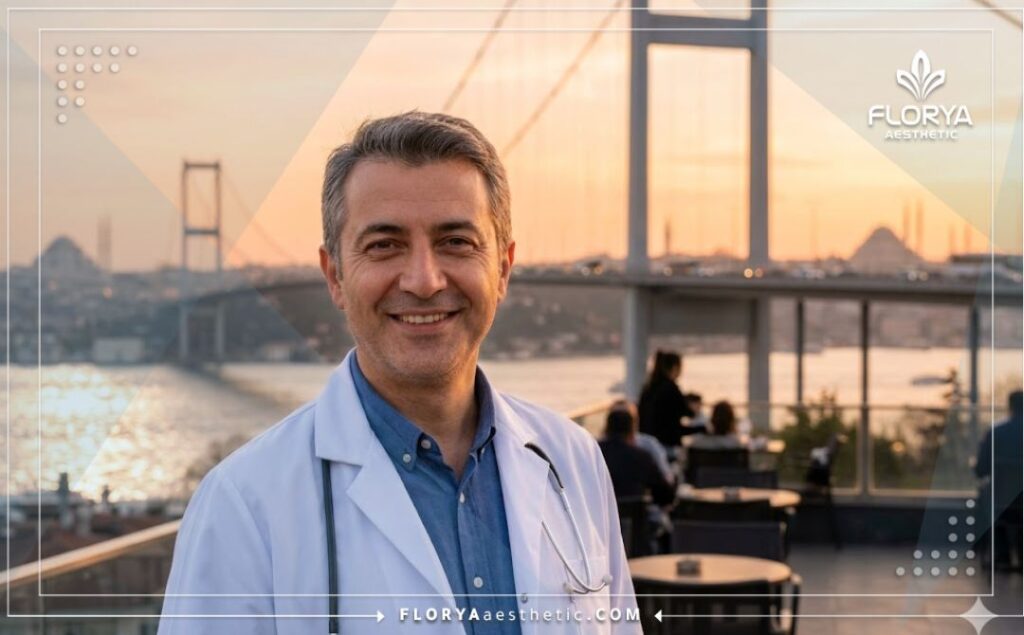 طبيب تجميل يبتسم مع خلفية لمعالم مدينة اسطنبول للترحيب بالمرضى