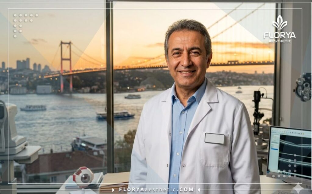 Ophtalmologiste accueillant à Istanbul avec le pont du Bosphore en arrière-plan.