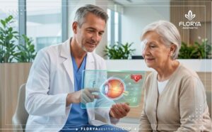 Professional doctor explaining the digital plan for Vitrectomy in Turkey to a patient using smart technology.