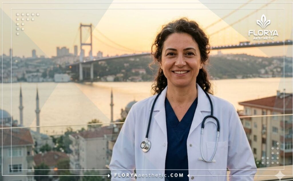 Médico amigable sonriendo en la ciudad de Estambul cerca del Bósforo