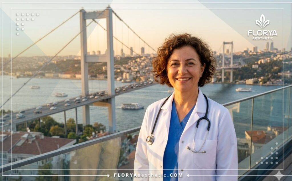 Docteur chaleureux souriant avec la tour Galata en arrière-plan à Istanbul