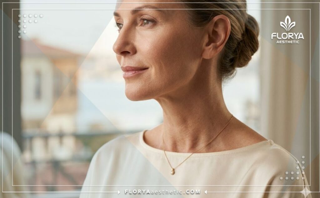 Flawless, sculpted neck and jawline showing perfect aesthetic results