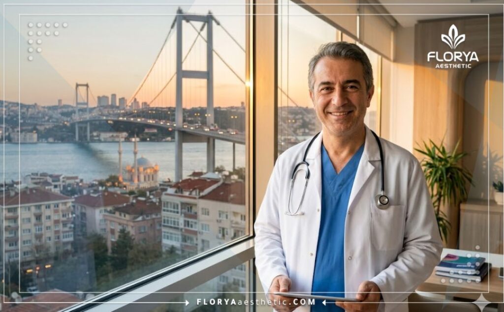 Friendly cosmetic doctor smiling in Istanbul near the Bosphorus Bridge