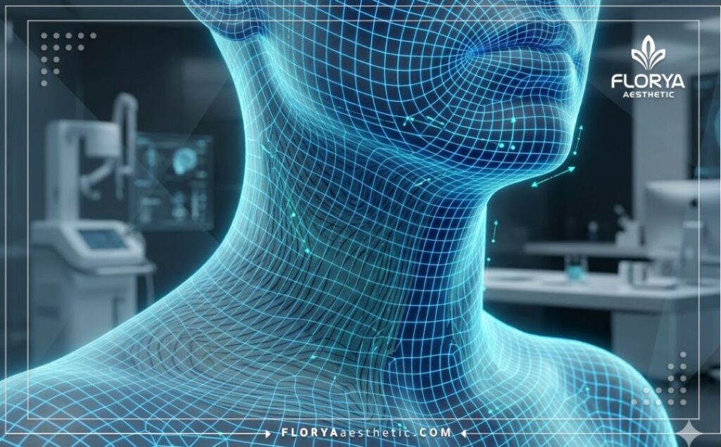 High-tech 3D macro surface scan highlighting the neck and jawline anatomy