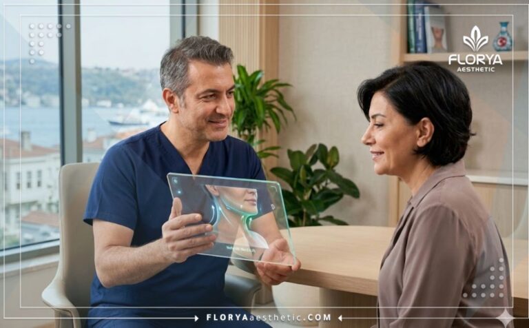طبيب تجميل يشرح خطة شد الرقبة بتقنية نيفرتيتي الرباعية في تركيا للمريضة عبر جهاز لوحي متطور