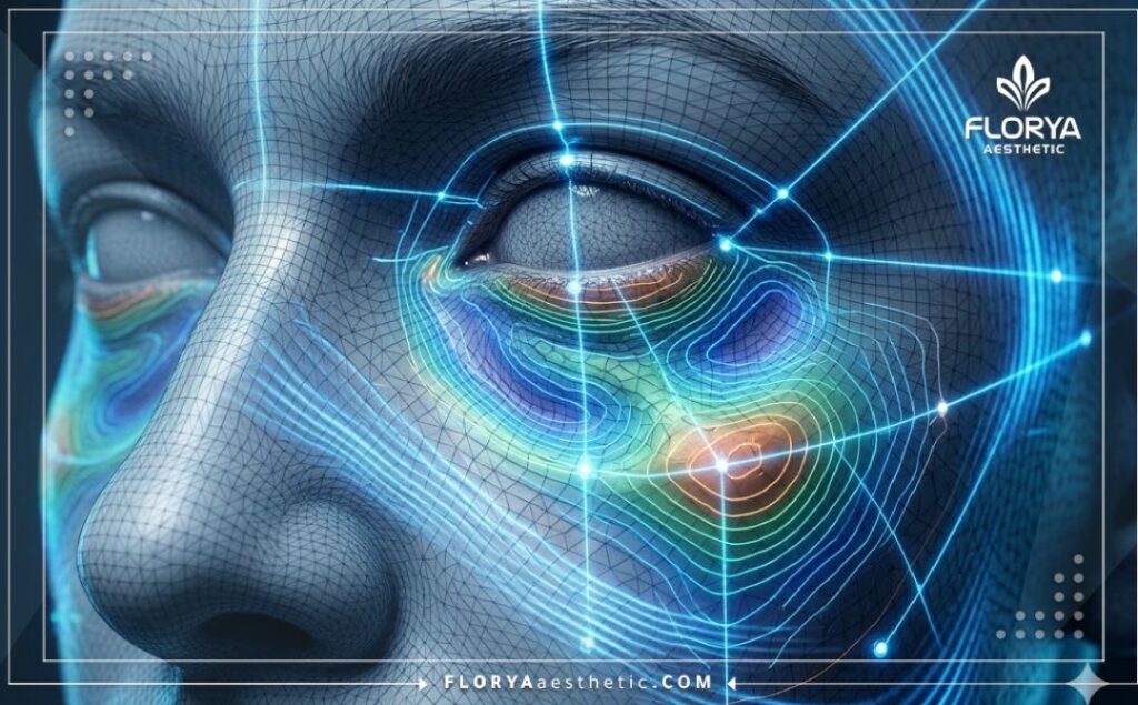 Macro 3D surface scan of the lower eyelid area showing digital precision and topographic mesh.