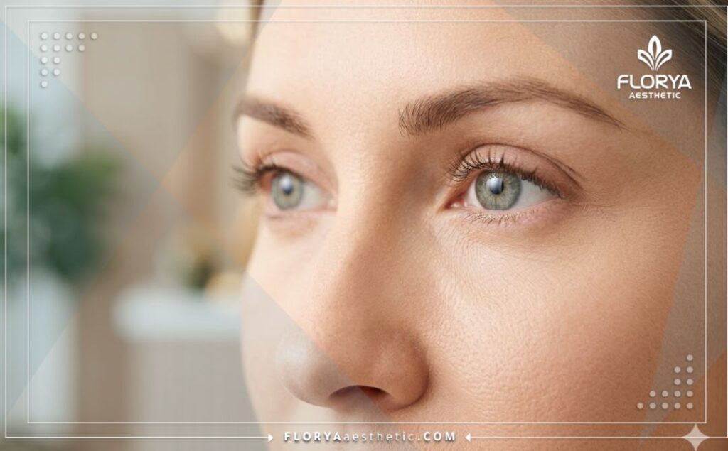 Cinematic close-up of a flawless, youthful lower eyelid after a successful aesthetic procedure.