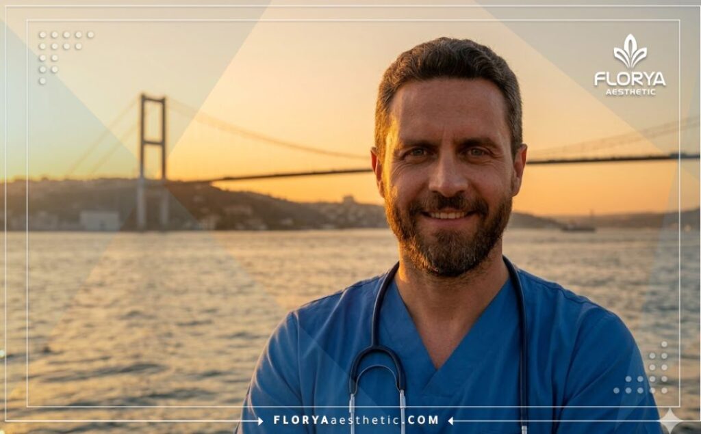 Friendly cosmetic doctor welcoming patients with the Galata Tower in Istanbul at golden hour.
