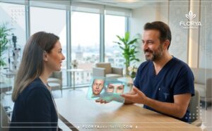 Professional doctor explaining the AccuSculpt Lower Eyelid Lift in Turkey using a transparent digital tablet.