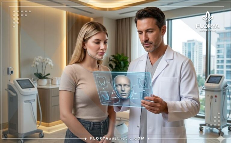 Professional doctor explaining Advanced Texas Jawline Contouring in Turkey using a transparent digital tablet