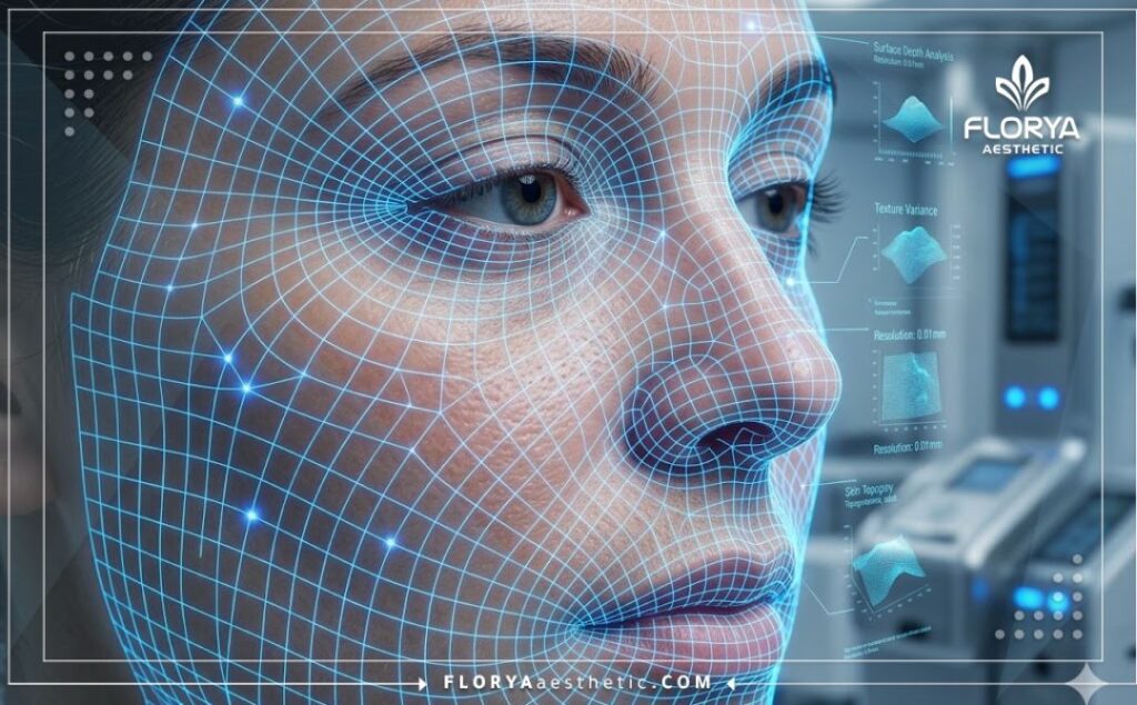Escaneo macro 3D de alta tecnología de la superficie de la piel facial.