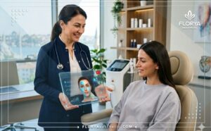 Médecin expert expliquant le plan d'Aquapeeling en Turquie sur une tablette numérique.