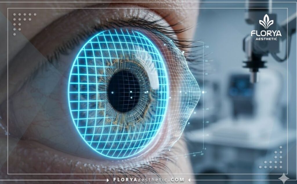 High-tech 3D topographical scan detailing the precise structure of the human eye and iris