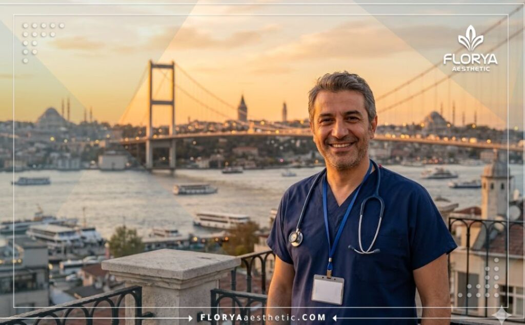 Smiling ophthalmologist standing warmly in front of an iconic Istanbul landmark