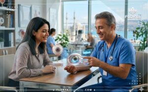 Professional doctor explaining the Artificial Iris Implant in Turkey process using advanced digital technology