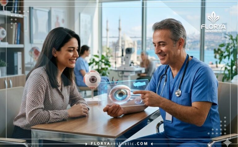 Professional doctor explaining the Artificial Iris Implant in Turkey process using advanced digital technology