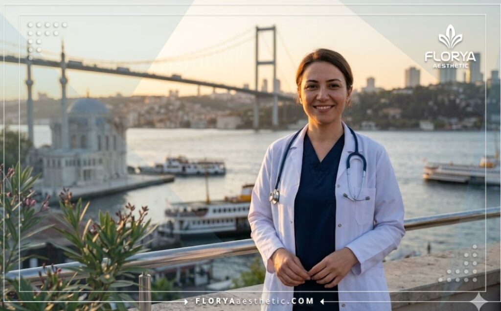 Dermatólogo amable y sonriente con el emblemático puente del Bósforo en Estambul de fondo
