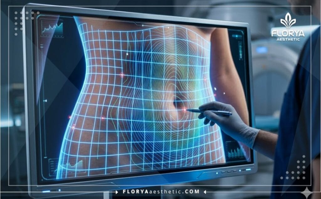 مسح رقمي ثلاثي الأبعاد عالي التقنية لمنطقة الجسم يوضح دقة التخطيط الطبي لعمليات النحت.