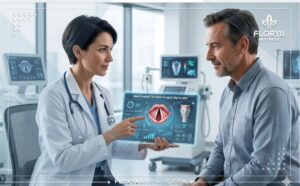 Professional doctor explaining the Vocal Cord Injection Cost in Turkey using a transparent digital tablet.