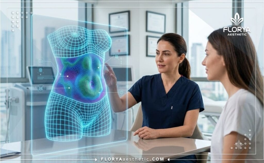مسح رقمي ثلاثي الأبعاد يوضح دقة تقنيات شفط الدهون وتحديد مسار العملية.