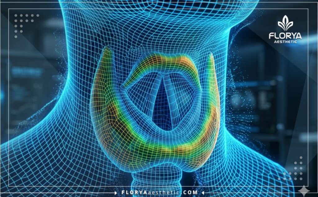 مسح رقمي ثلاثي الأبعاد دقيق للحبال الصوتية ومنطقة الحنجرة يوضح تقنيات تجميل الصوت.