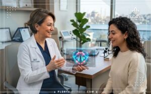 طبيب خبير يستخدم جهازا لوحيا متطورا مع مريض في أفضل عيادة لتجميل الصوت في تركيا.