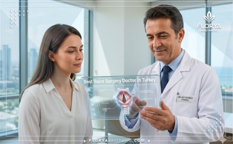 أفضل دكتور تجميل صوت في تركيا يشرح خطة العلاج للمريض باستخدام تقنيات رقمية حديثة.