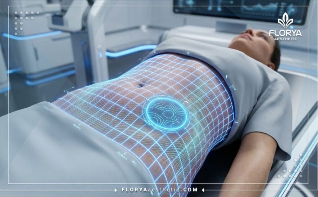 مسح رقمي ثلاثي الأبعاد عالي التقنية لمنطقة البطن يوضح دقة التخطيط لعملية النحت.