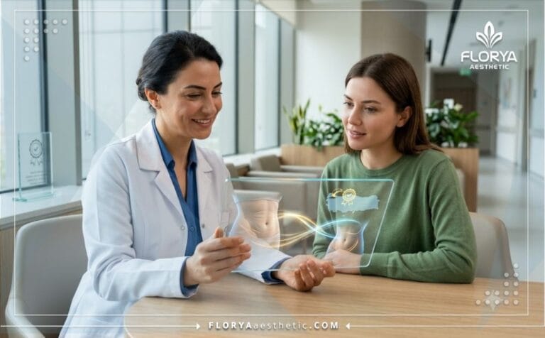 استشارة طبية مع أفضل دكتور شفط دهون البطن في تركيا يستعرض الخطة الرقمية للمريض عبر شاشة متطورة.