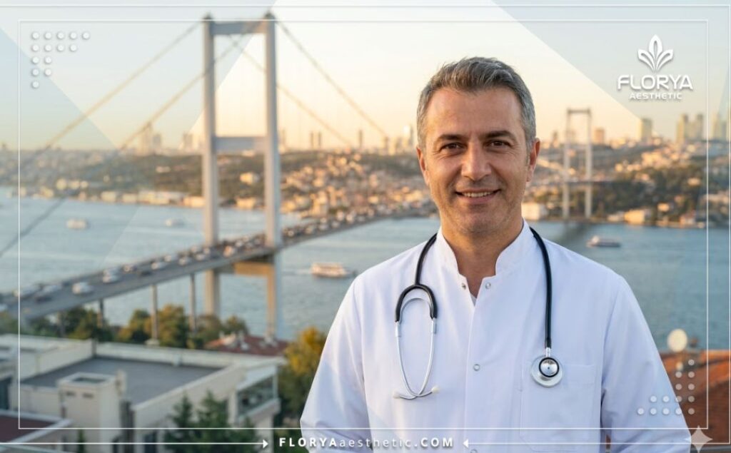 طبيب عيون يبتسم للترحيب بالمرضى مع خلفية جسر البوسفور في اسطنبول