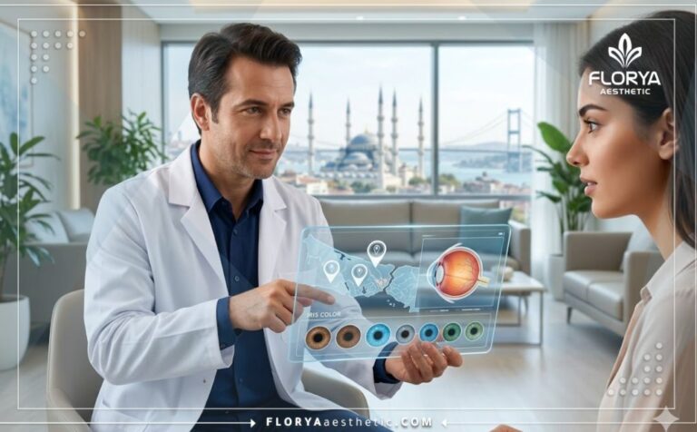 Doctor using transparent tablet at the Best eye color change clinic in Istanbul
