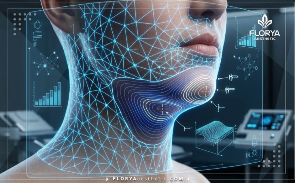 مسح ثلاثي الأبعاد دقيق لمنطقة الذقن والرقبة لإظهار تفاصيل الشفط