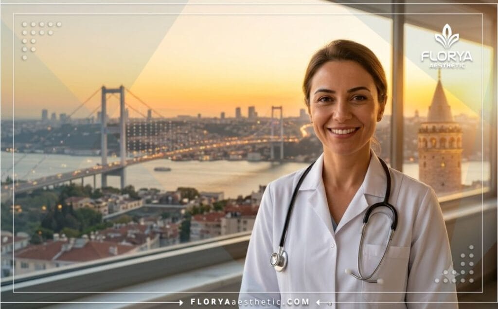 Friendly cosmetic surgeon smiling in front of the Bosphorus Bridge in Istanbul
