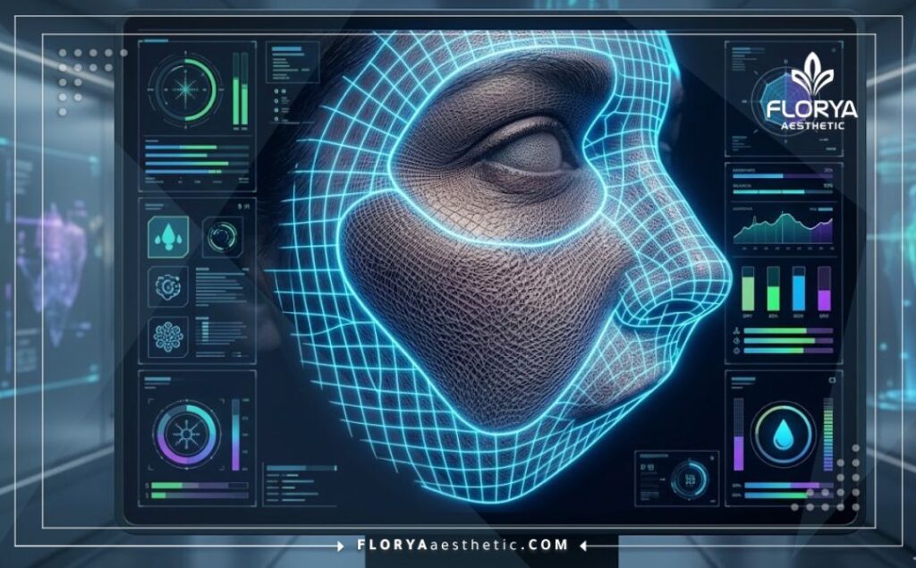 Modélisation numérique 3D avancée montrant la structure et l'hydratation de la peau du visage.