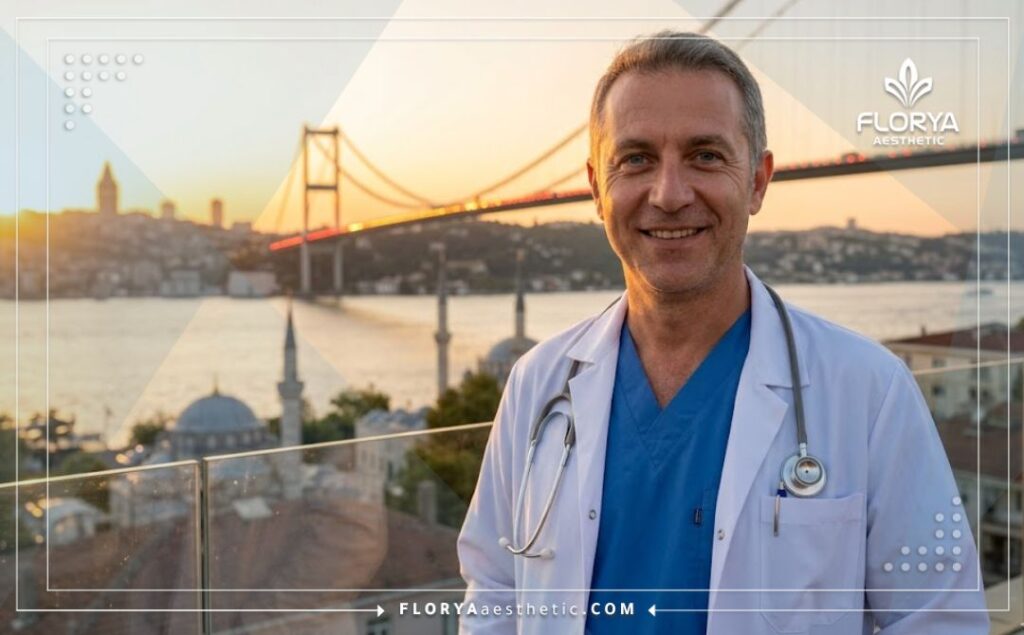 Médecin esthétique souriant accueillant un patient, avec la célèbre tour de Galata à Istanbul en arrière-plan.