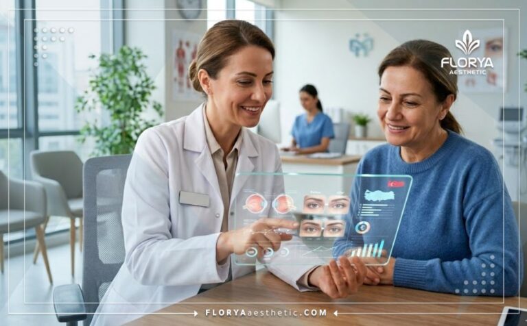 طبيب محترف يشرح تكلفة عملية شد الجفون في تركيا للمريض باستخدام تكنولوجيا لوحية شفافة