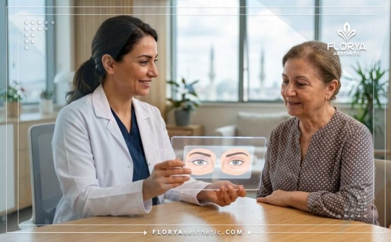 Doctor profesional mostrando un plan detallado de Blefaroplastia en Turquía en una tableta digital avanzada