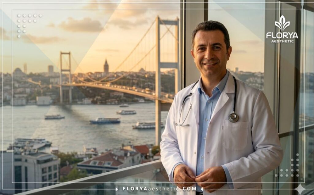 طبيب تجميل يبتسم مع جسر البوسفور في اسطنبول في الخلفية