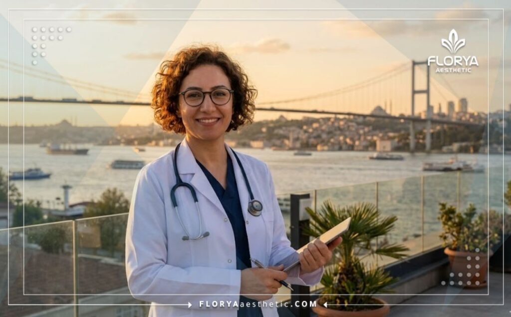 Médecin souriant accueillant chaleureusement les patients à Istanbul près du Bosphore
