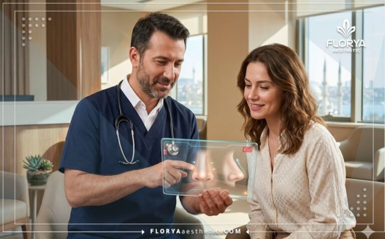 طبيب خبير يعرض خطة تصغير فتحات الأنف بالبوتوكس في تركيا للمريض باستخدام جهاز لوحي متطور