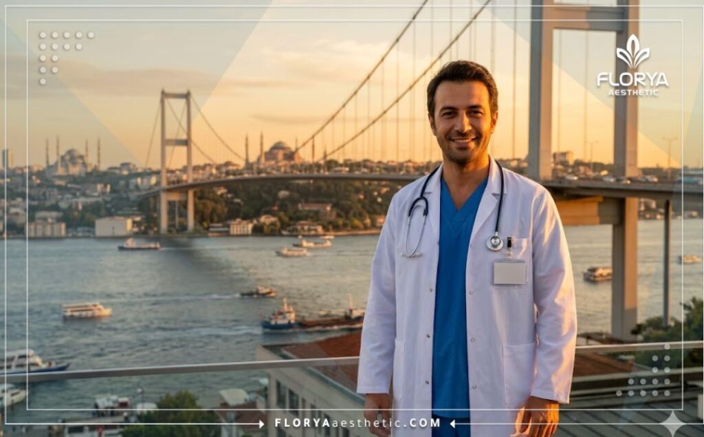 Médico amable sonriendo con el puente del Bósforo en Estambul de fondo.