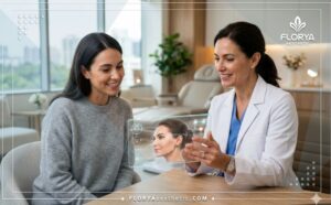 طبيب محترف يشرح خطة علاج تجاعيد المروحة بجانب العين بالبوتوكس للمريض باستخدام تكنولوجيا حديثة