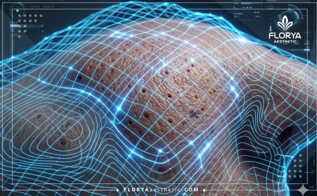 Macro 3D surface scan showing high-tech targeting of facial pores with a laser grid.