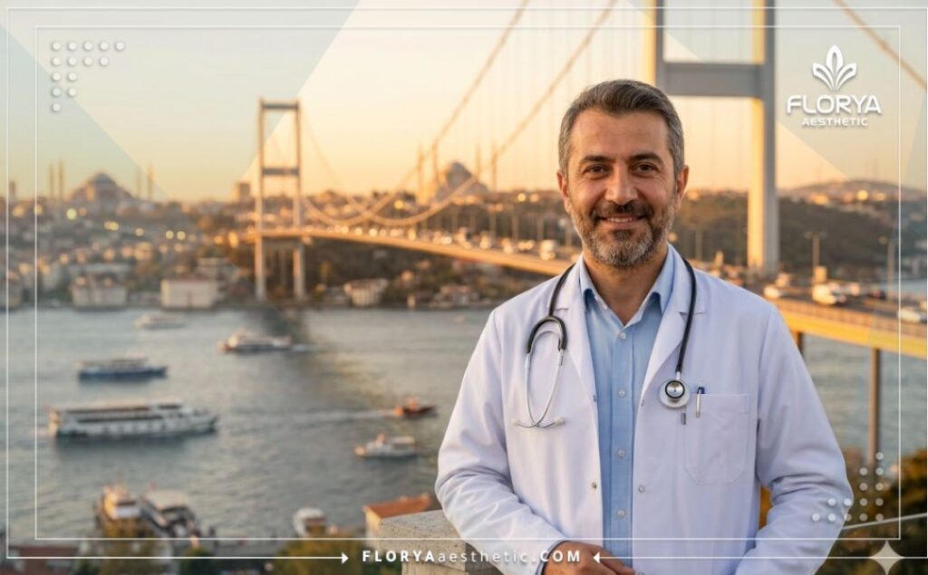 Welcoming aesthetic doctor standing in front of the Bosphorus in Istanbul.