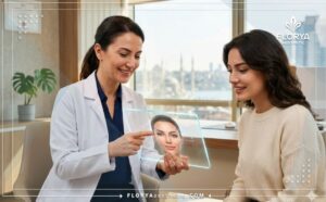 طبيب محترف يعرض خطة رقمية لعملية رفع الحواجب بتقنية الكات آيز في تركيا باستخدام جهاز لوحي متطور.