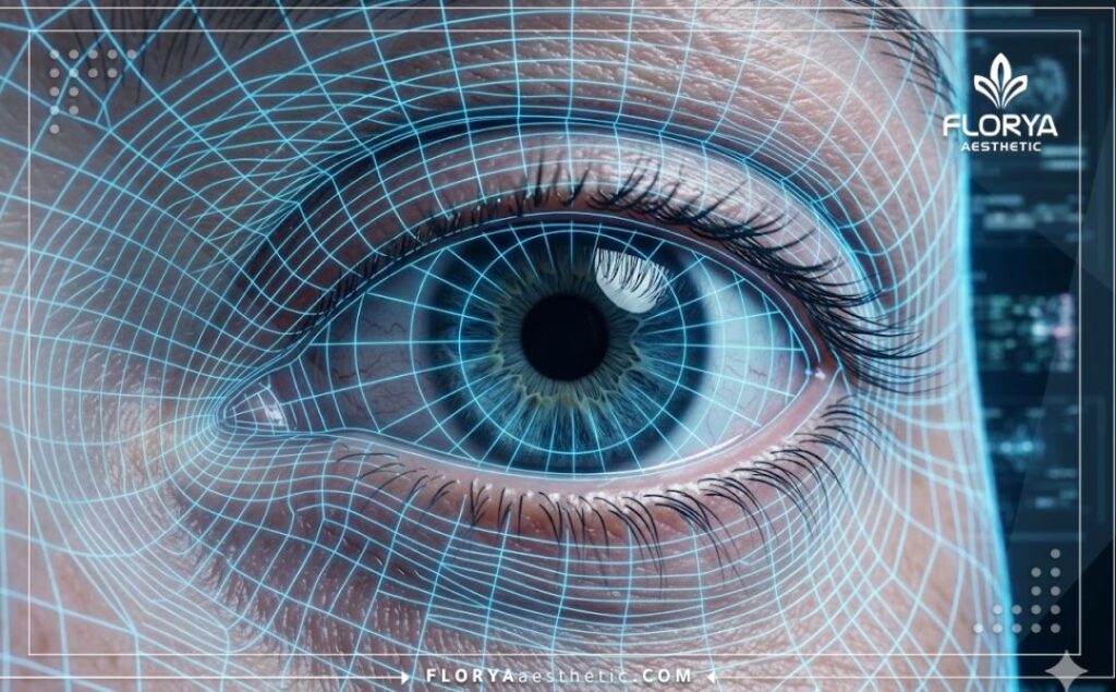 Futuristic 3D surface scan of the eye structure and iris.