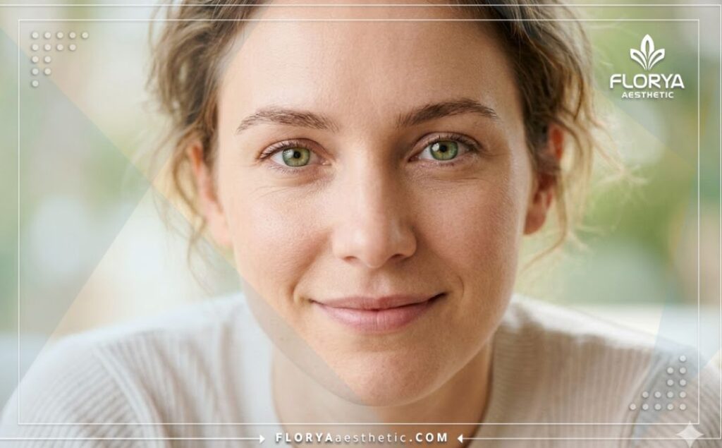 Close-up of perfect bright green eyes after an aesthetic procedure.