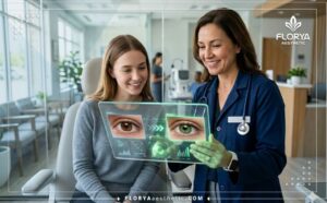 دكتور محترف يستخدم التكنولوجيا الحديثة لتوضيح خطة تغيير لون العين الى الاخضر للمريض.