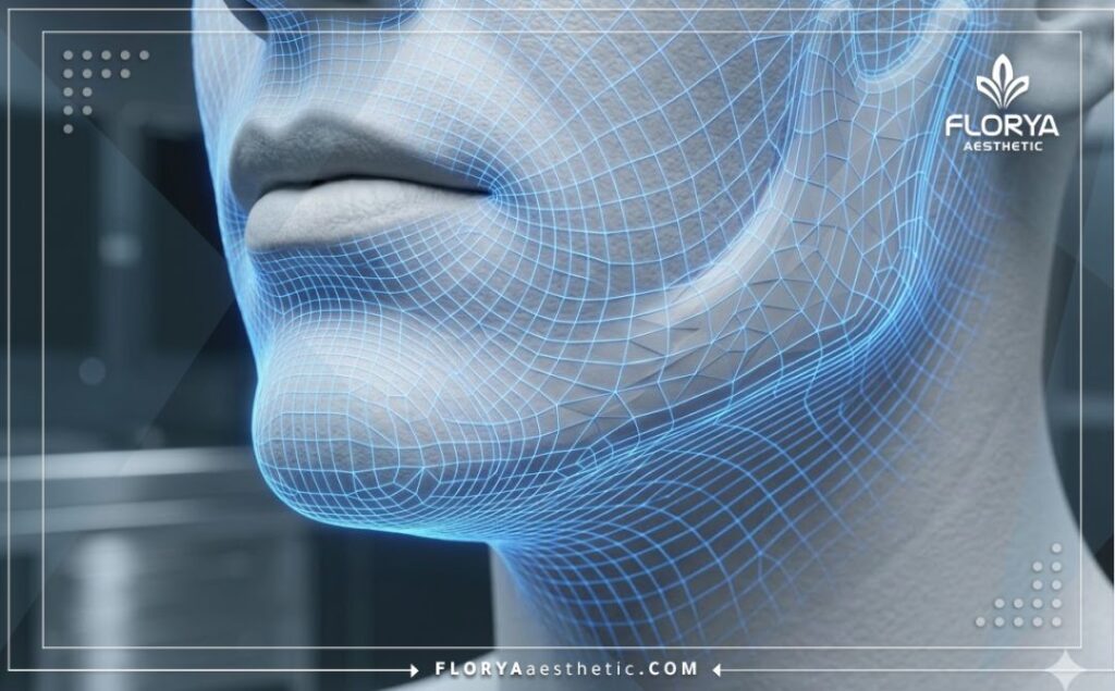 High-tech 3D topographical mesh scan focusing on the chin and jawline anatomy.