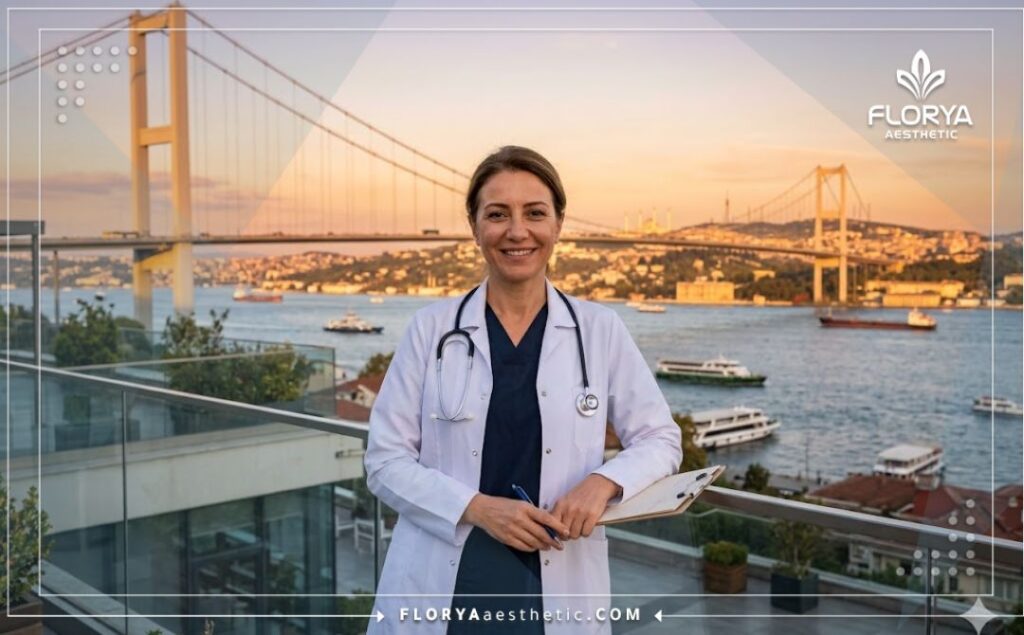 Welcoming aesthetic doctor with the Bosphorus Bridge in Istanbul in the background.